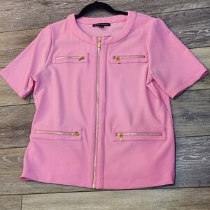 Boston Proper Pink Short Sleeve Jacket with Gold Zippers Size Large